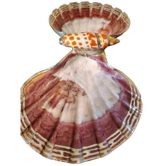 Vintage Double Calico Scallop Trinket Dish Episcopal Miter Shell Gold Trim Ocean - Picture 3 of 6